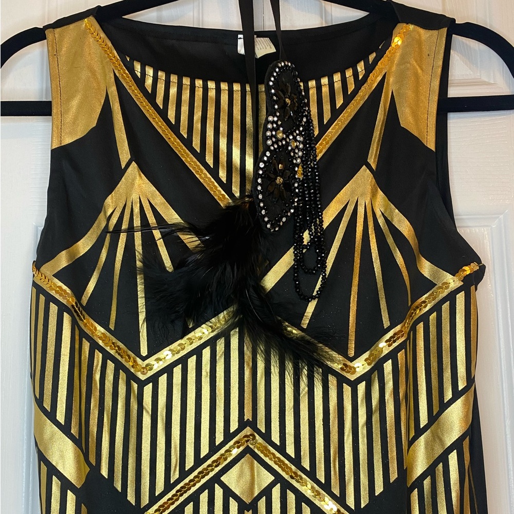 The Great Gatsby Halloween Costume Dress with Gloves & Beaded Feather Headpiece